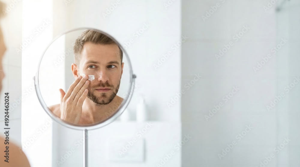 Fototapeta premium A man with a beard looks into a magnifying mirror while applying moisturizing cream to his face.