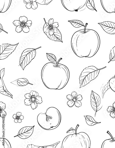 A pattern of outlined apples, flowers, and leaves on a white background