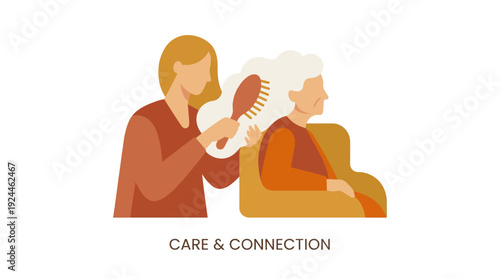Man combing woman's hair on a yellow couch, showcasing care and connection in a white background graphic illustration from a frontal viewpoint