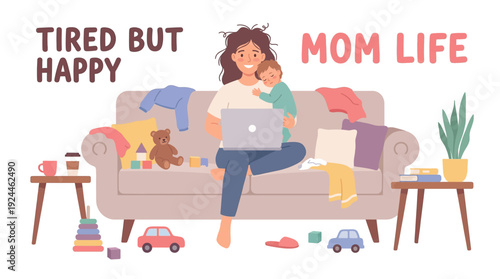 Busy Mother Multitasking on Couch with Child, Laptop and Toys – Cartoon Illustration of Home Chaos from a Front View