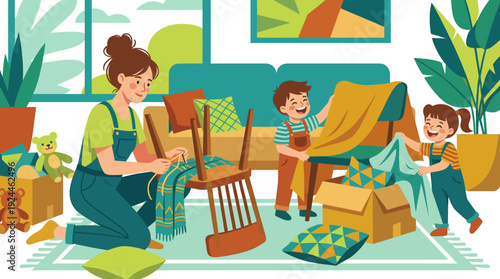 Mother and Children Tidy Home Together in Playful Cartoon Scene