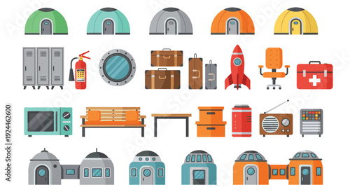 Space Station Habitat and Equipment Icon Set Featuring Modules, Lockers, Furniture, Medical Kits, and Futuristic Buildings for Sci-Fi Vector Design