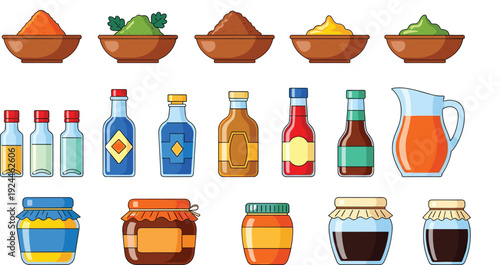 Spices and Sauce Bottle Icon Set Featuring Seasonings, Oils, Vinegar, Syrup, Jars, and Condiments for Cooking, Food Packaging, and Vector Design