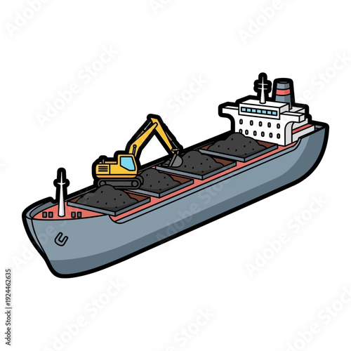 Bulk Carrier Ship with Excavator Loading Coal.