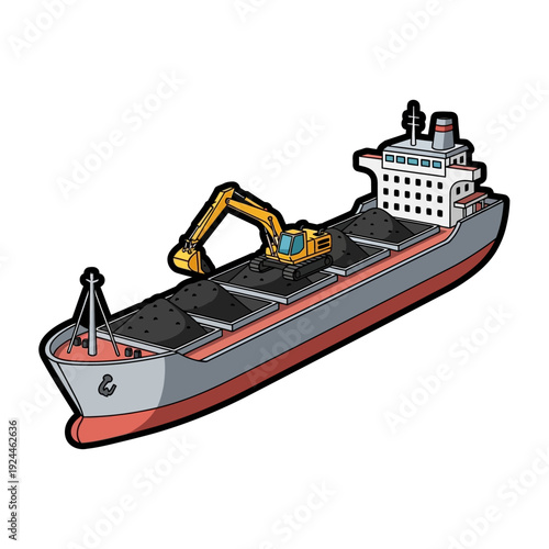Bulk Carrier Ship with Excavator Loading Coal.