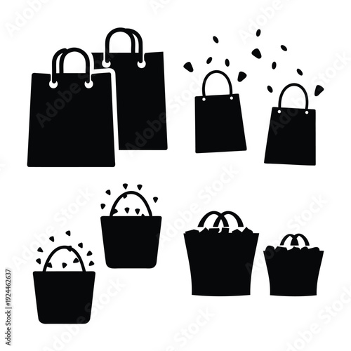 Modern black silhouettes of shopping bags and baskets with falling items and full contents