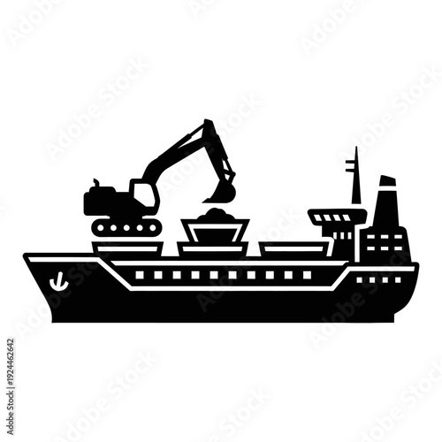 Cargo ship being loaded by an excavator, illustrating industrial transport and logistics.