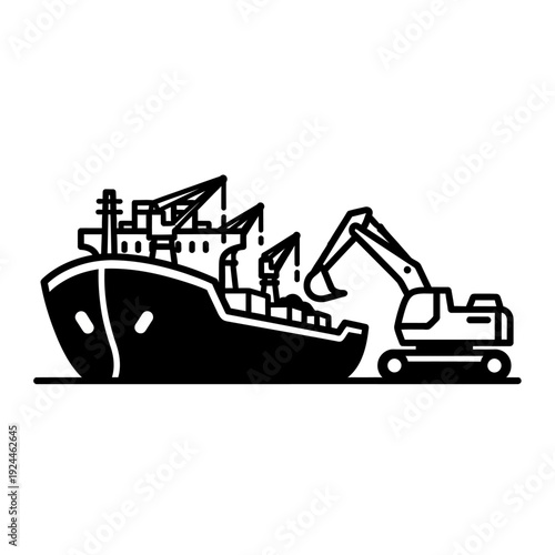 Cargo Ship Being Loaded by Excavator at Dockside.