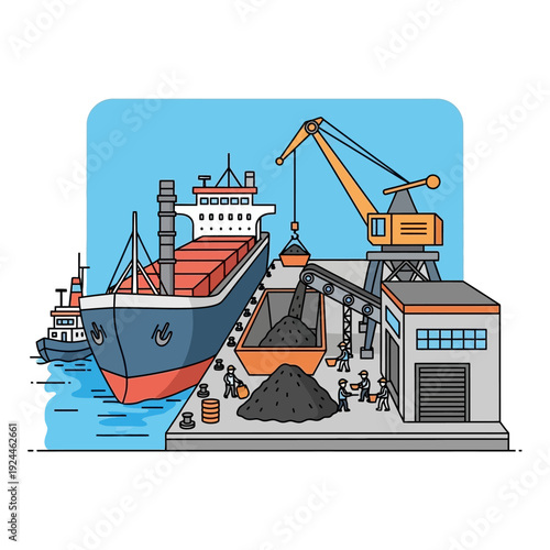 Cargo ship being loaded with coal at a busy port terminal.