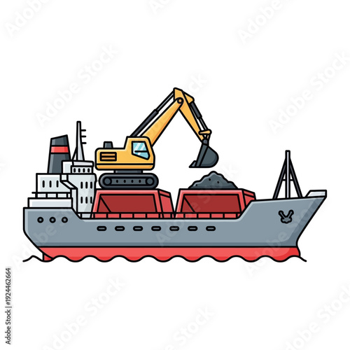Cargo Ship Loading Coal with Excavator Illustration.