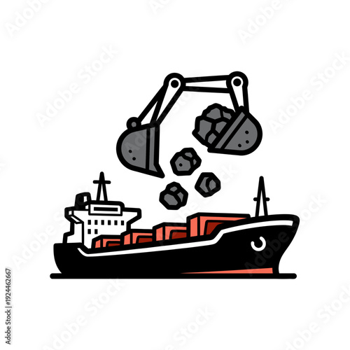 Cargo ship loading coal with excavator industrial logistics.