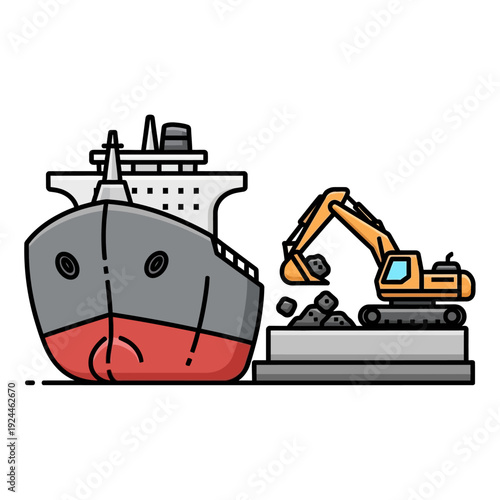 Cargo Ship Unloading with Excavator at Dockside.