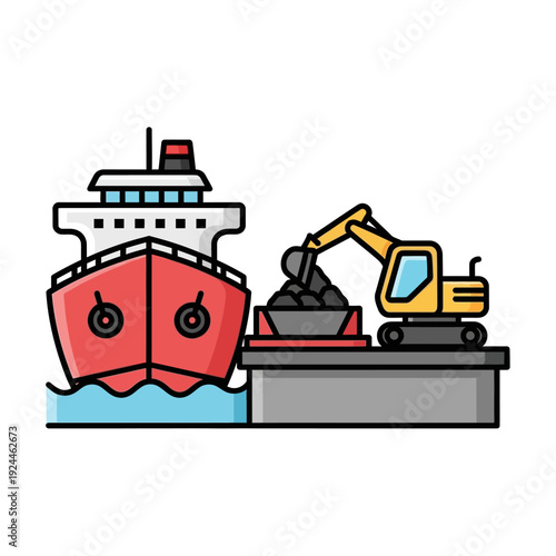Cargo Ship Loading Excavator Delivering Coal to Port.