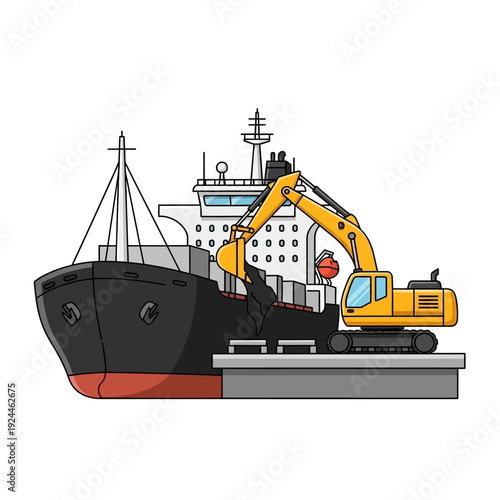 Cargo Ship Unloading at Port with Excavator Illustration.
