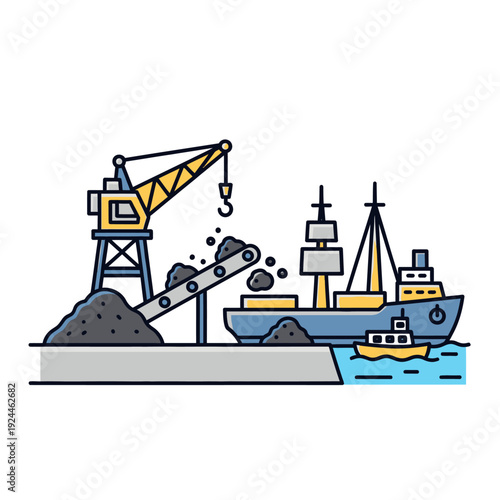 Coal Loading at Port with Crane and Ship.