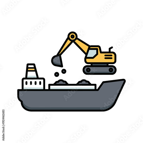Excavator loading bulk cargo onto a ship at a port.