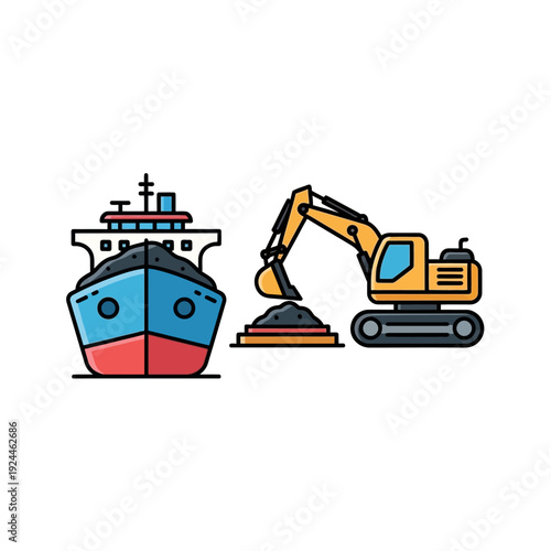 Excavator loading bulk cargo onto a ship, industrial port operations.