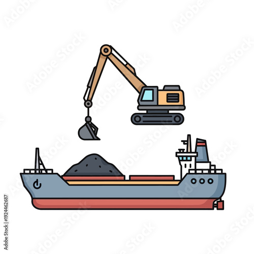 Excavator loading bulk cargo onto a ship.