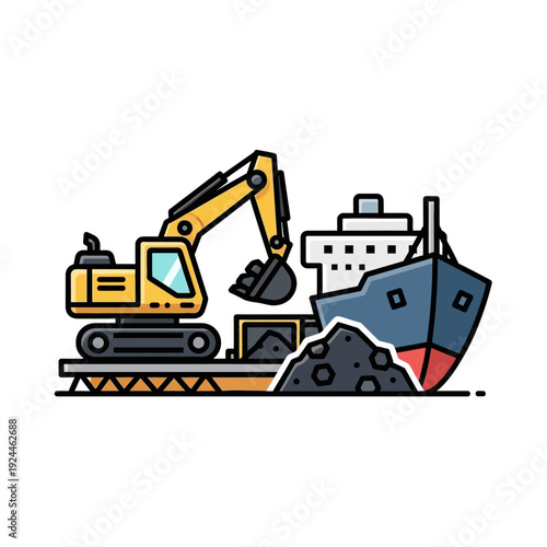 Excavator loading bulk cargo onto a ship at a port.