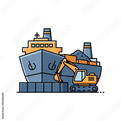 Cargo Ship Loading with Excavator at Port.