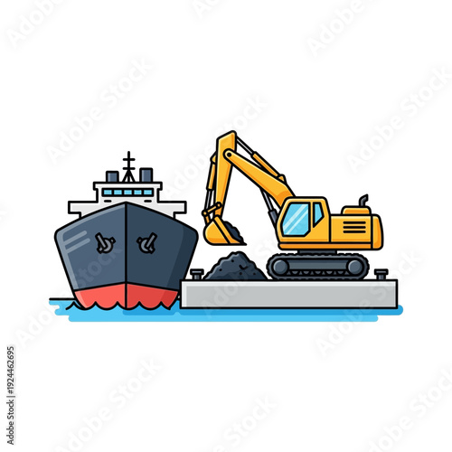 Excavator loading bulk cargo onto ship at port.