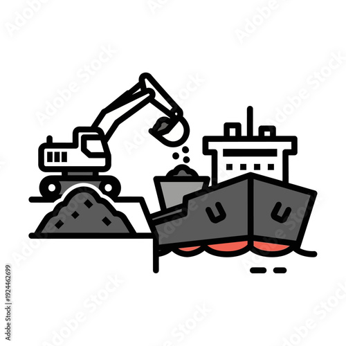 Excavator loading bulk cargo onto ship at port.