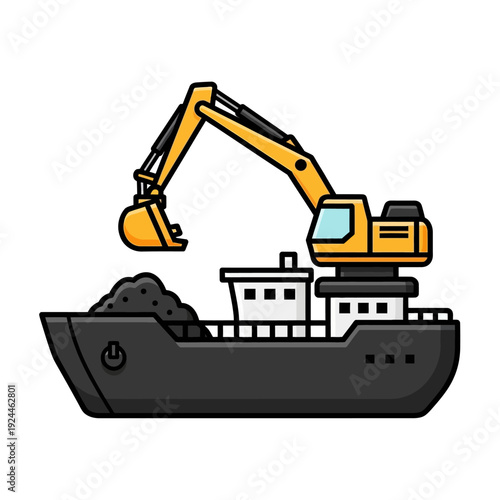 Excavator Loading Coal onto a Cargo Ship.