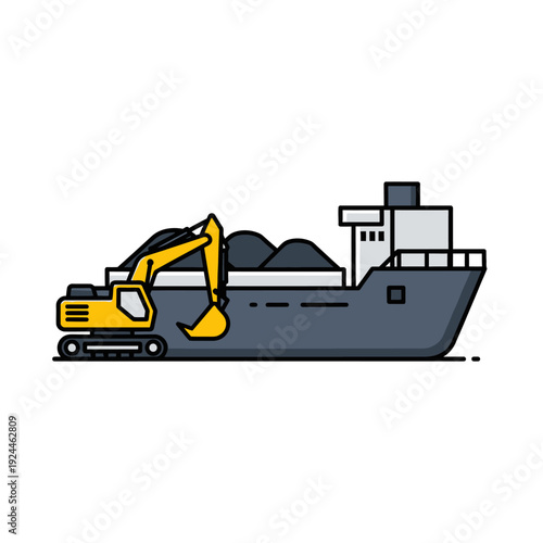 Excavator Loading Coal onto Cargo Ship for Transportation.