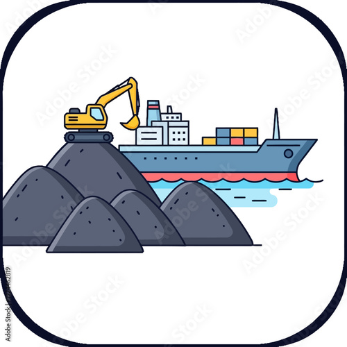 Excavator Loading Coal onto Cargo Ship for Transportation.