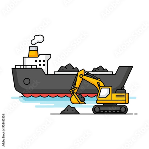 Excavator Loading Coal onto Cargo Ship Illustration.