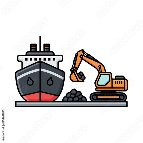 Excavator Loading Coal onto Ship at Port Industrial Scene.