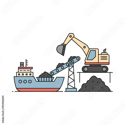 Heavy machinery loading coal onto a cargo ship.