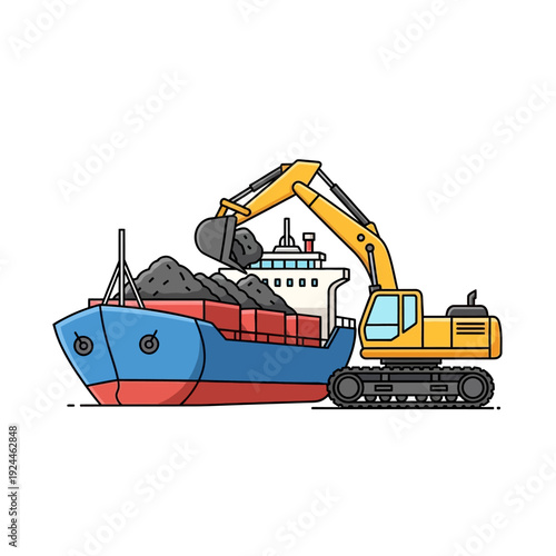 Excavator Loading Coal onto Cargo Ship Illustration.