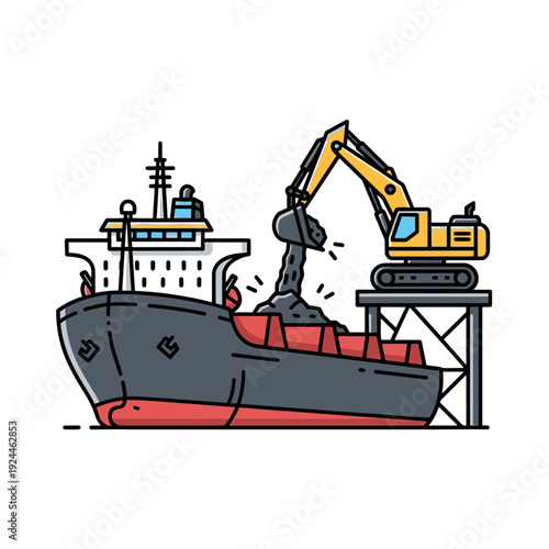 Heavy machinery loading cargo onto a large ship at port.