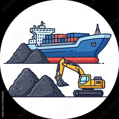 Industrial cargo ship and excavator with coal piles for mining and transport.