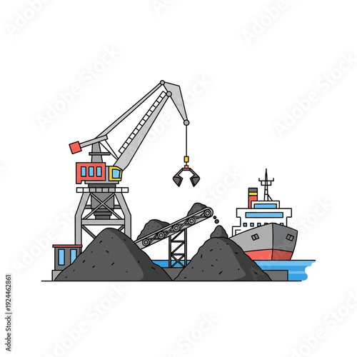 Industrial Coal Loading Crane and Ship at Port.