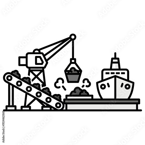 Industrial Port Operations - Crane Loading Bulk Cargo onto Ship.
