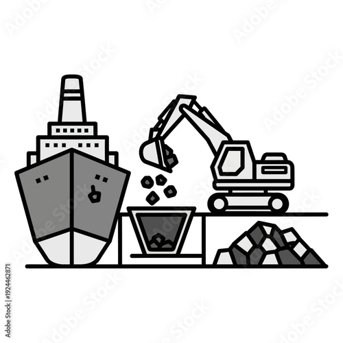 Industrial coal loading process with ship and excavator.