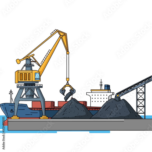 Industrial Port Scene with Crane Loading Coal onto Ship.