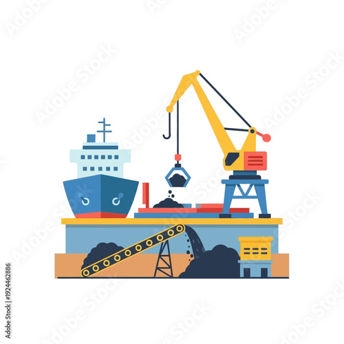 Industrial Port Scene with Ship and Crane Loading Cargo.