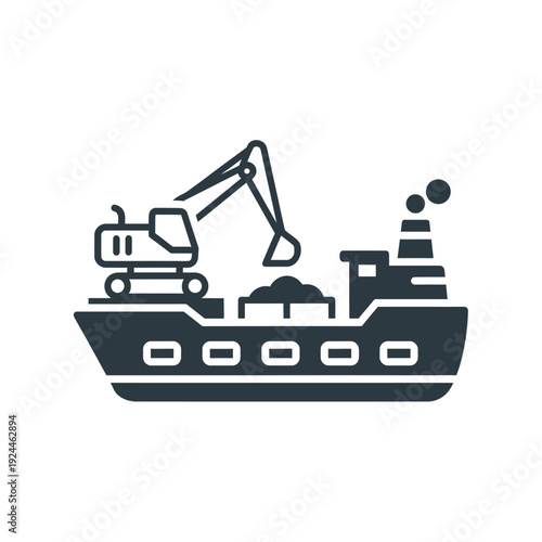 Industrial Ship with Excavator Loading Cargo Icon.