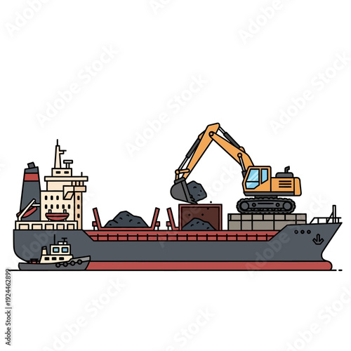 A large cargo ship being loaded with bulk material by an excavator, with a tugboat alongside in a port.