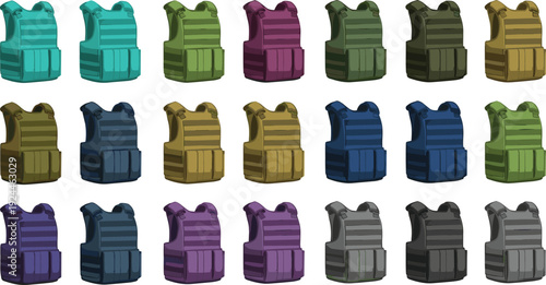 Tactical Body Armor Vest Icon Set Featuring Military and Police Protective Gear for Security, Training, Law Enforcement, and Vector Illustration Design