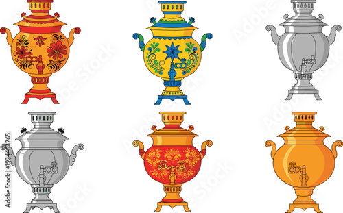 Traditional Samovar Icon Set with Decorative Tea Urns and Floral Patterns for Russian Culture, Vintage Kitchenware, Folk Art, and Vector Illustration Design