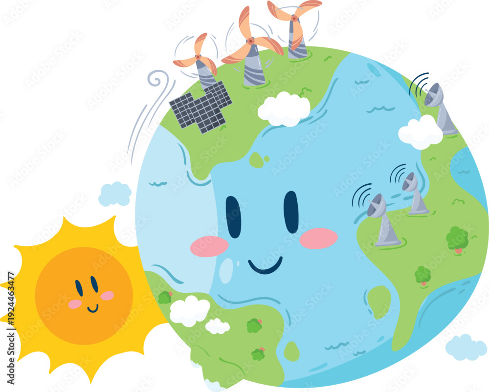 Naklejka premium Smiling Earth and Sun with Clean Energy Technologies