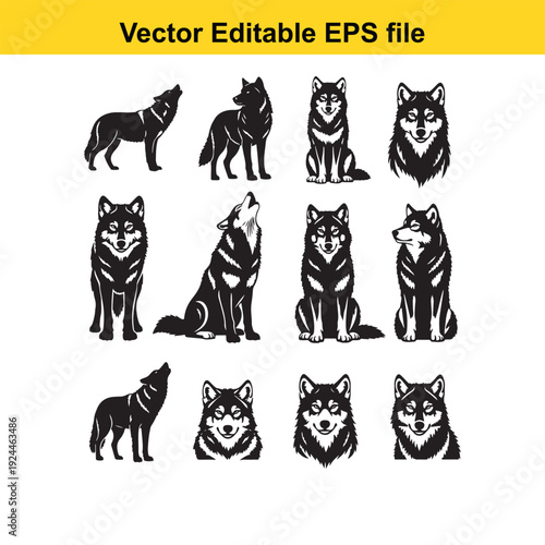 Black and White Wolf Illustrations Set - Vector Graphics Collection