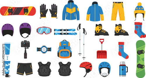 Winter Sports Equipment Icon Set Featuring Ski and Snowboard Gear Clothing Accessories for Mountain Adventures and Outdoor Recreation Vector Design