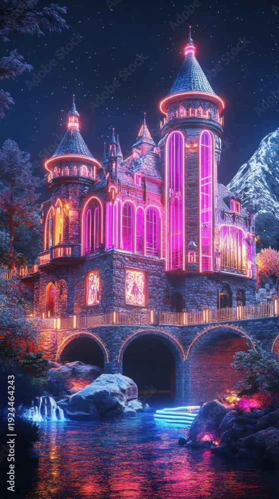 Obraz premium Fantasy Castle Illuminated with Neon Lights on a Bridge