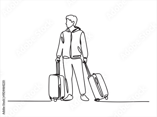 Continuous one line Drawing illustration of a person traveling with a suitcase and carry-on bag Vector, illustration