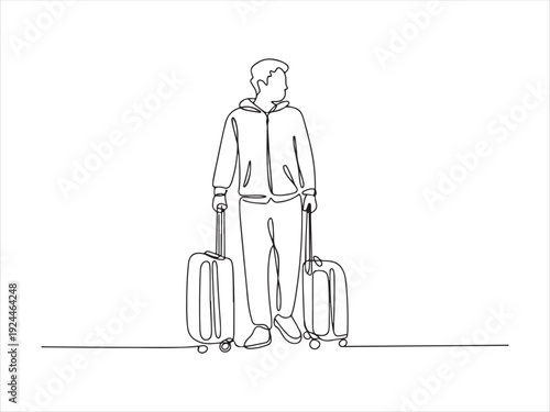 Continuous one line Drawing illustration of a person traveling with a suitcase and carry-on bag Vector, illustration